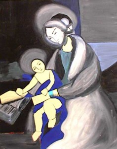 Mary holds baby Jesus, wrapped in royal blue blanket.