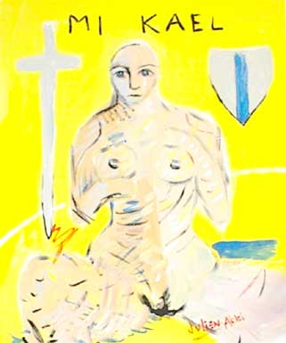 Mikael: Nude bald woman with sword and shield.