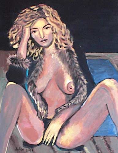 Nude woman with wavy hair in fur coat by pool.